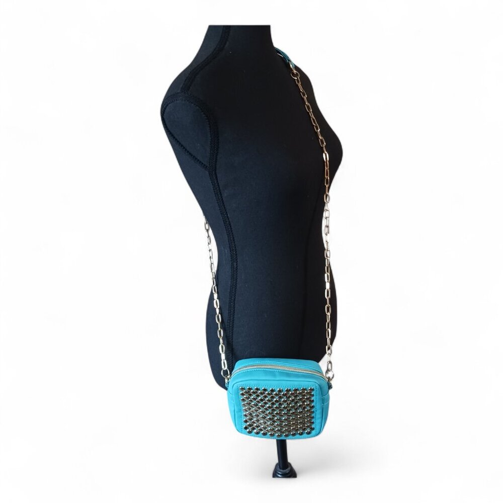 XL Aqua Blue Vegan Studded Crossbody Bag – Square Mini Purse w/ Chain Strap NWOT